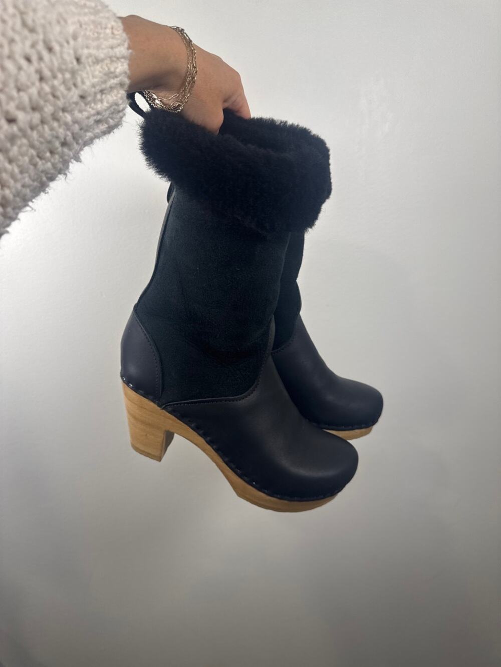 No. 6 Handmade Leather Suede Shearling Lined Clog Boots in Black, Size EU 37